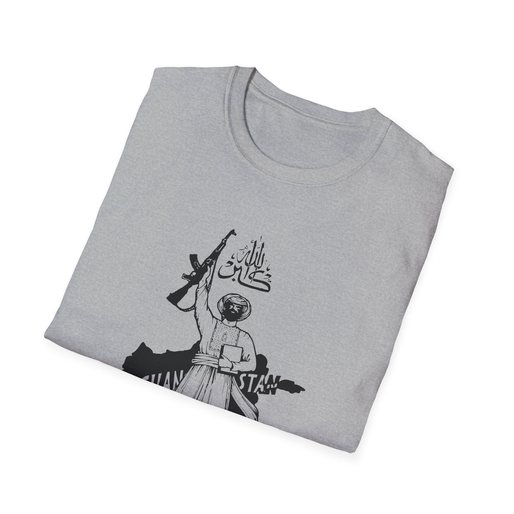 T-Shirt — Graphic Militant Sketch with Arabic Text and Flag Design