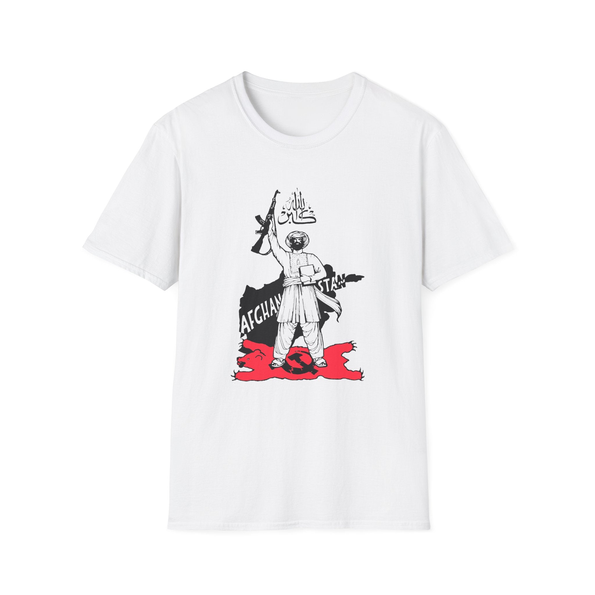 T-Shirt — Graphic Militant Sketch with Arabic Text and Flag Design