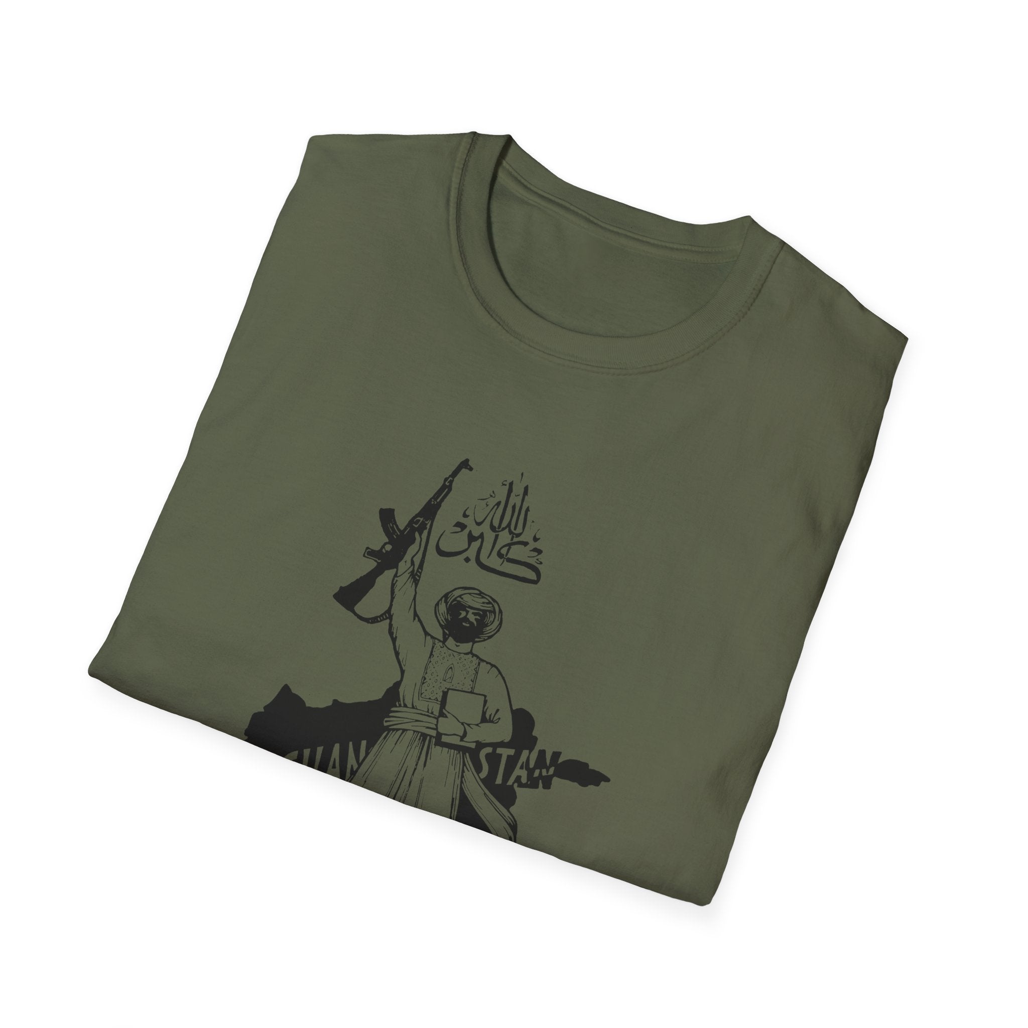 T-Shirt — Graphic Militant Sketch with Arabic Text and Flag Design