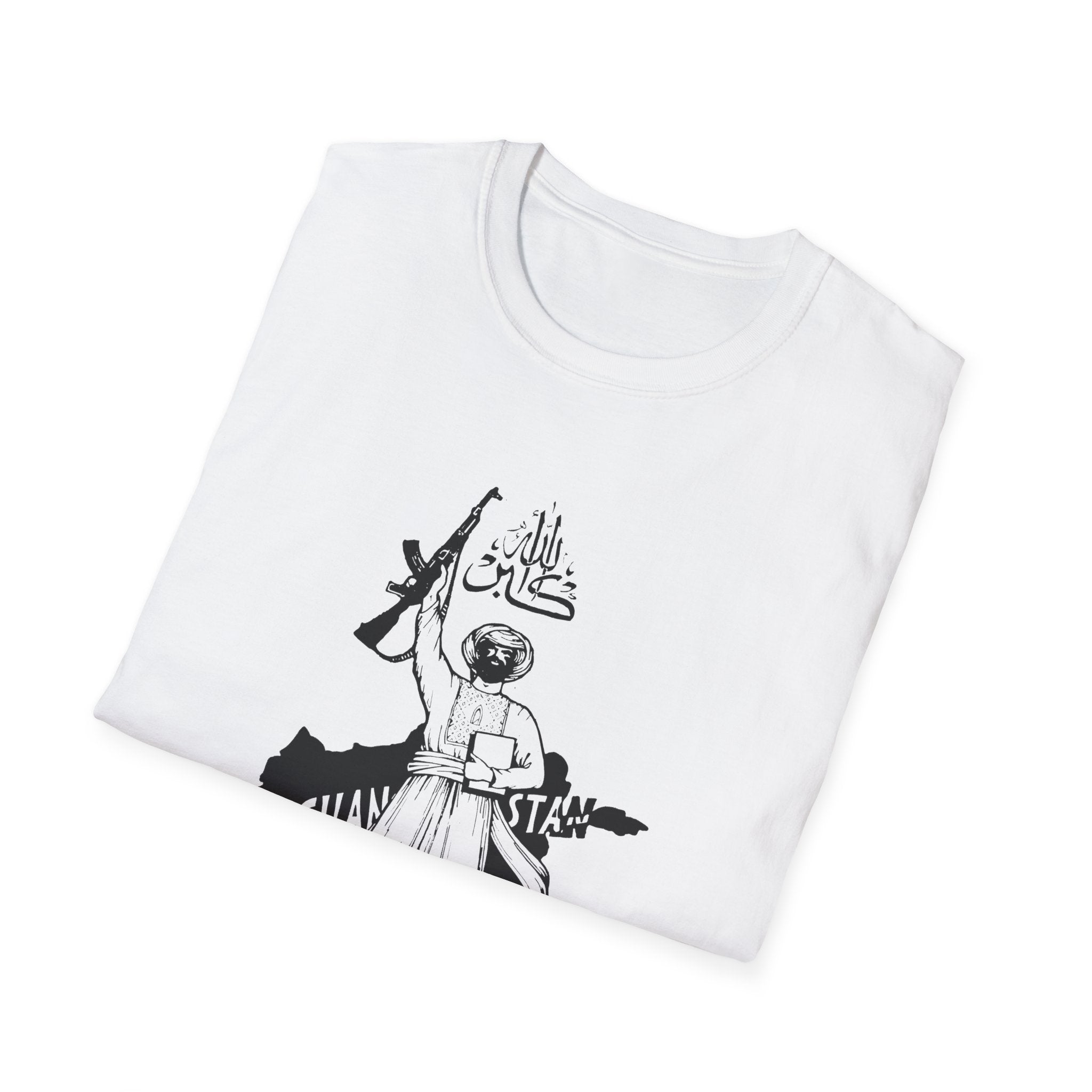 T-Shirt — Graphic Militant Sketch with Arabic Text and Flag Design