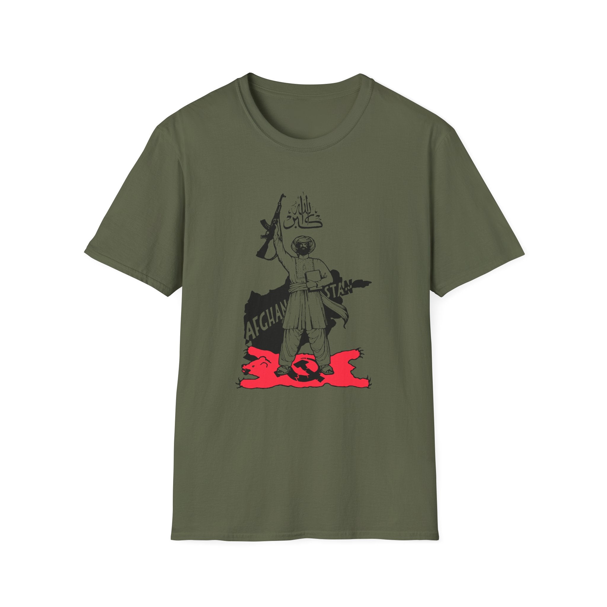 T-Shirt — Graphic Militant Sketch with Arabic Text and Flag Design